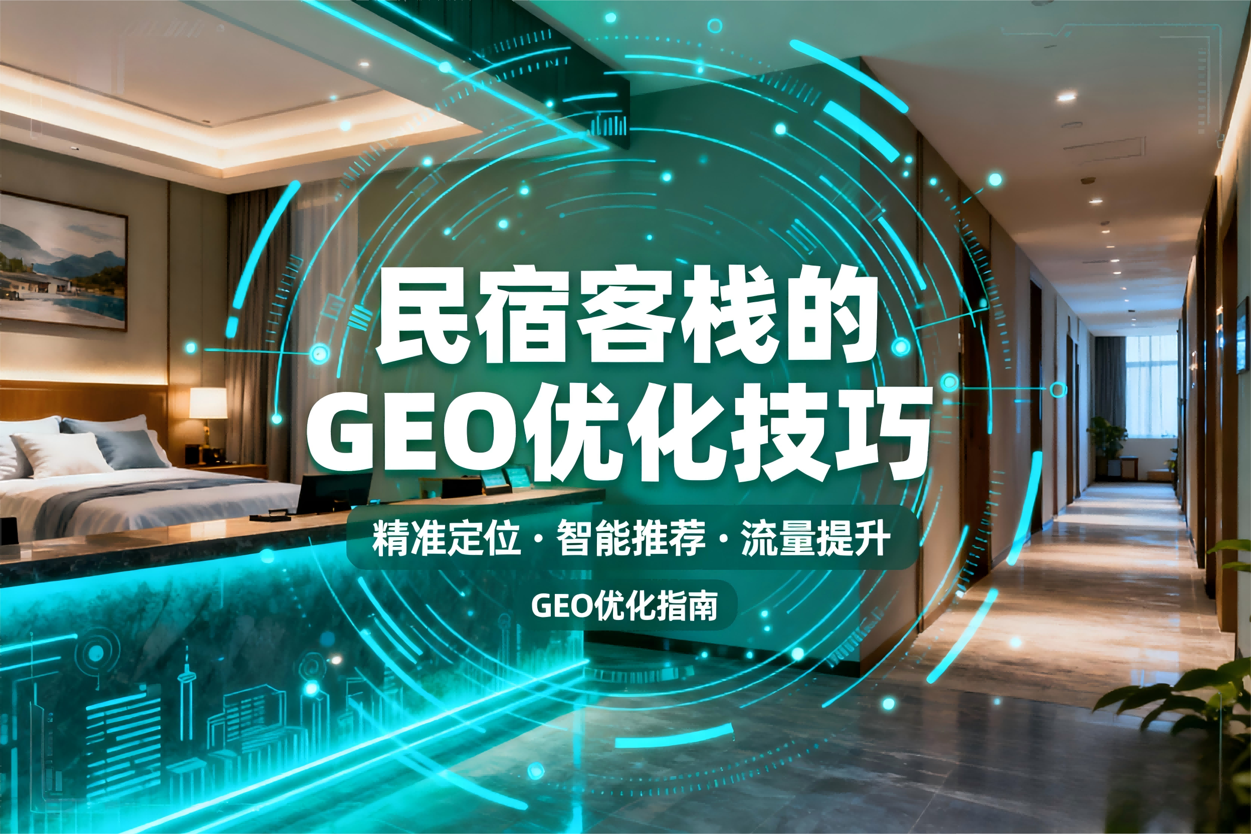 jimeng-2025-09-30-6747-生成一张图；图上的文字是“ 民宿客栈的GEO优化技巧”。背景图（住宿酒店场景）与....png